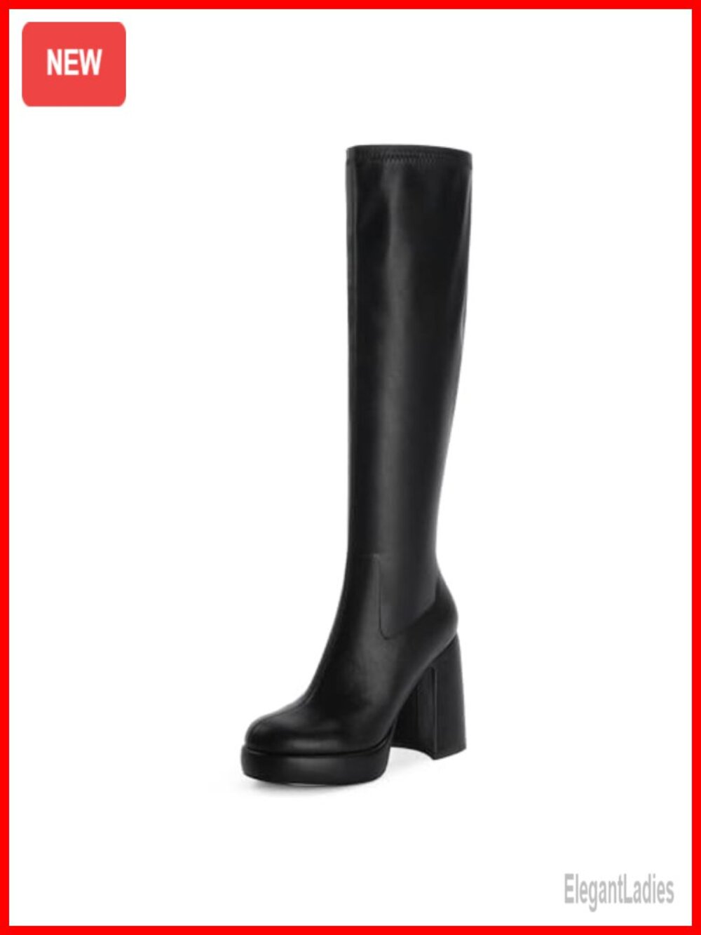Platform Knee High Boots Chunky Heel Faux Leather Round Toe Tall Side Zip
